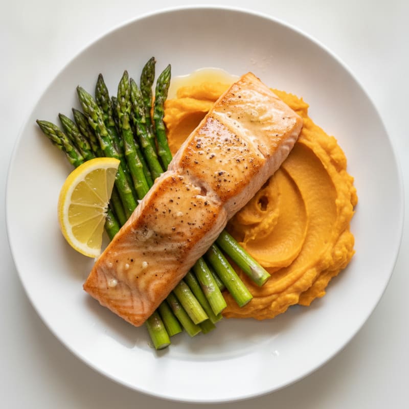Seared Salmon Fillet with Roasted Asparagus and Sweet Potato Mash