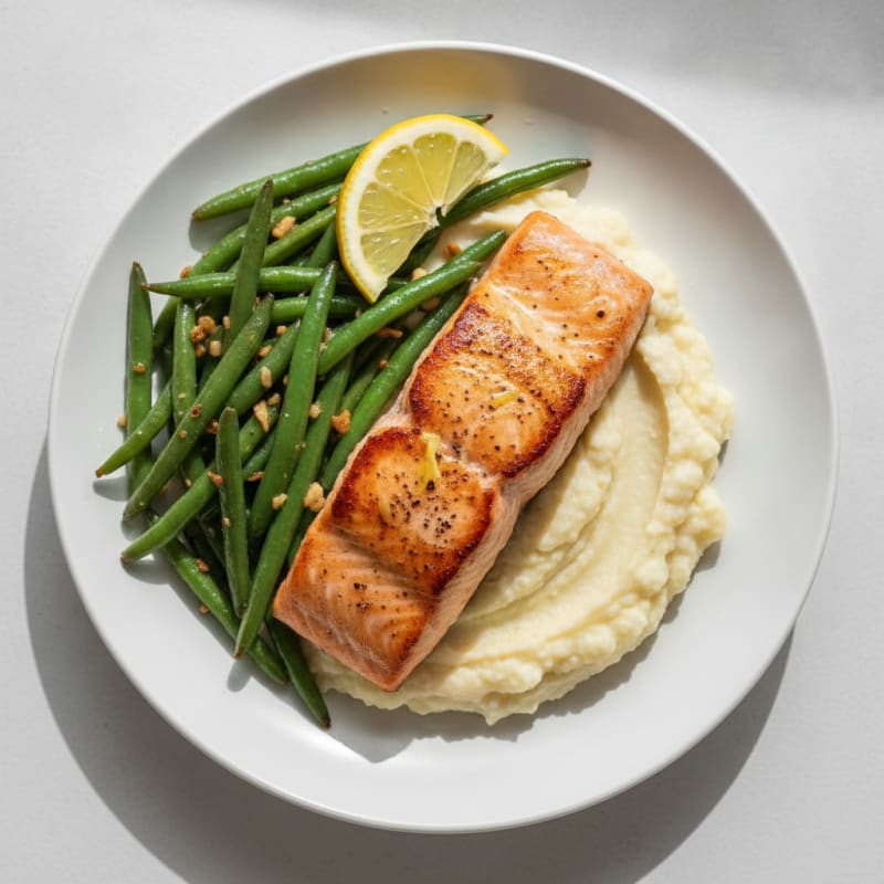 Seared Salmon with Garlic Green Beans and Cauliflower Mash