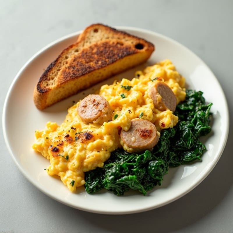 Egg White and Turkey Sausage Scramble with Sautéed Spinach