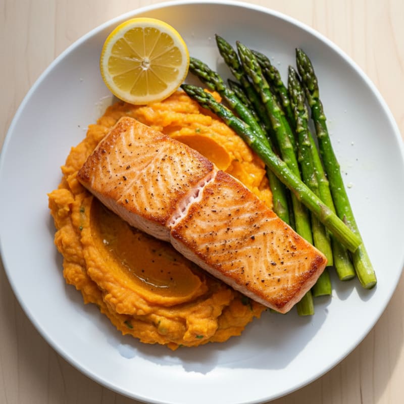 Seared Salmon Fillet with Roasted Asparagus and Sweet Potato Mash