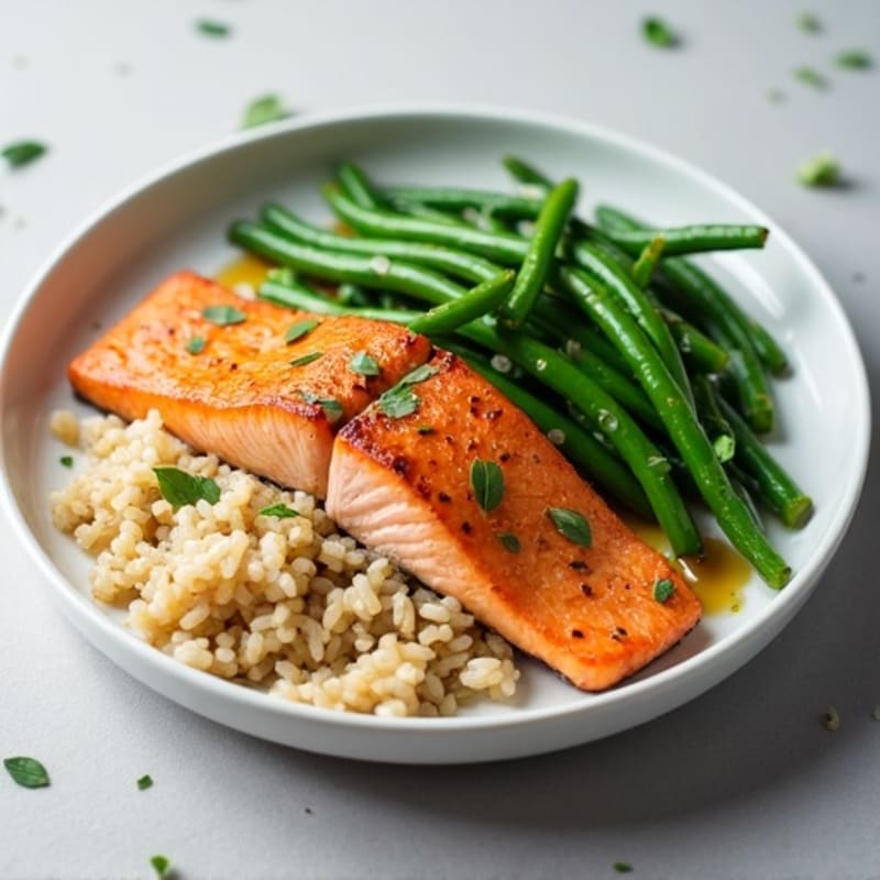 Seared Salmon with Garlic Green Beans and Brown Rice