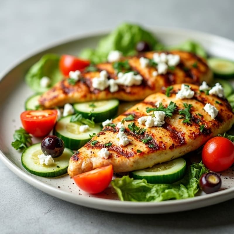 Lemon-Herb Grilled Chicken with Fresh Cucumber, Tomato, Olives, and Creamy Feta