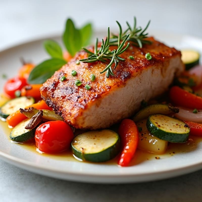 Crispy Roasted Duck with Garlic Herb Roasted Vegetables