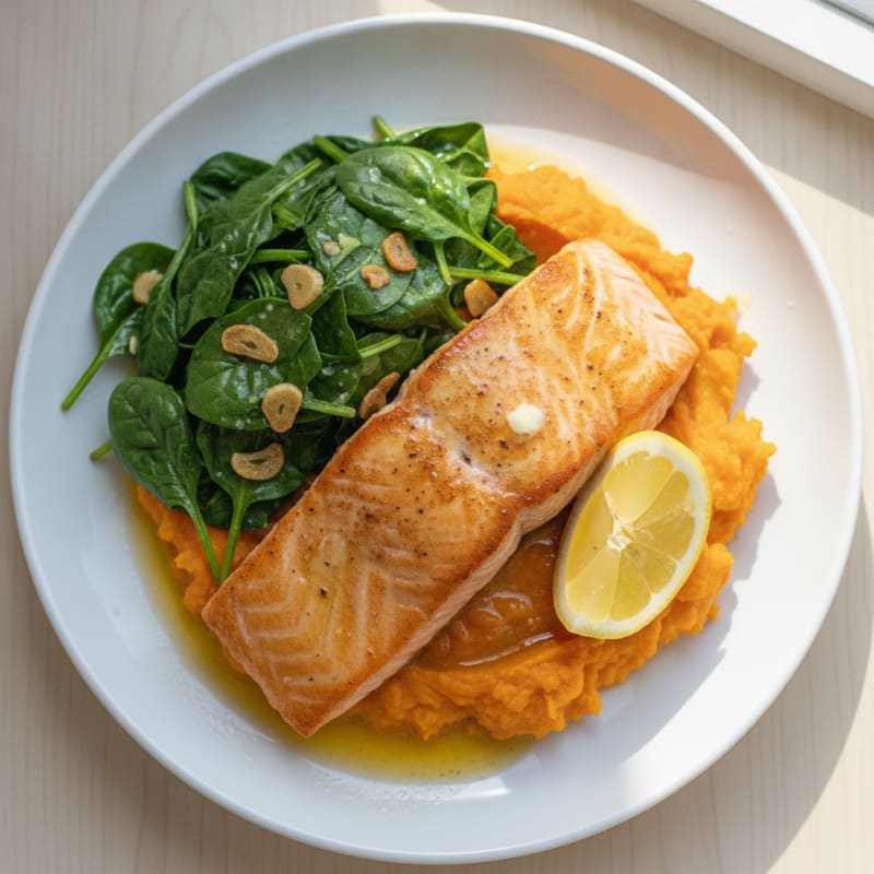 Seared Salmon with Garlic Spinach and Sweet Potato Mash