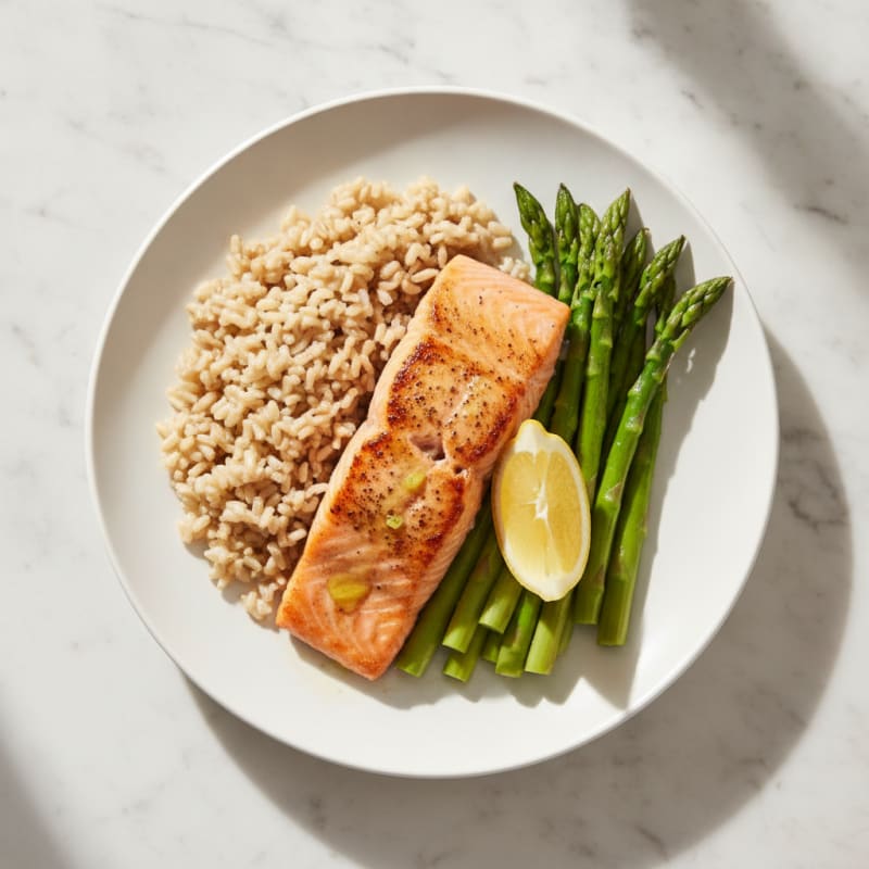 Seared Salmon Fillet with Steamed Asparagus and Brown Rice
