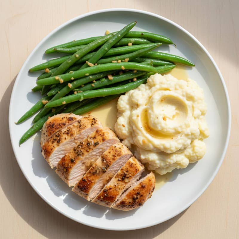 Seared Turkey Breast with Garlic Green Beans and Mashed Cauliflower