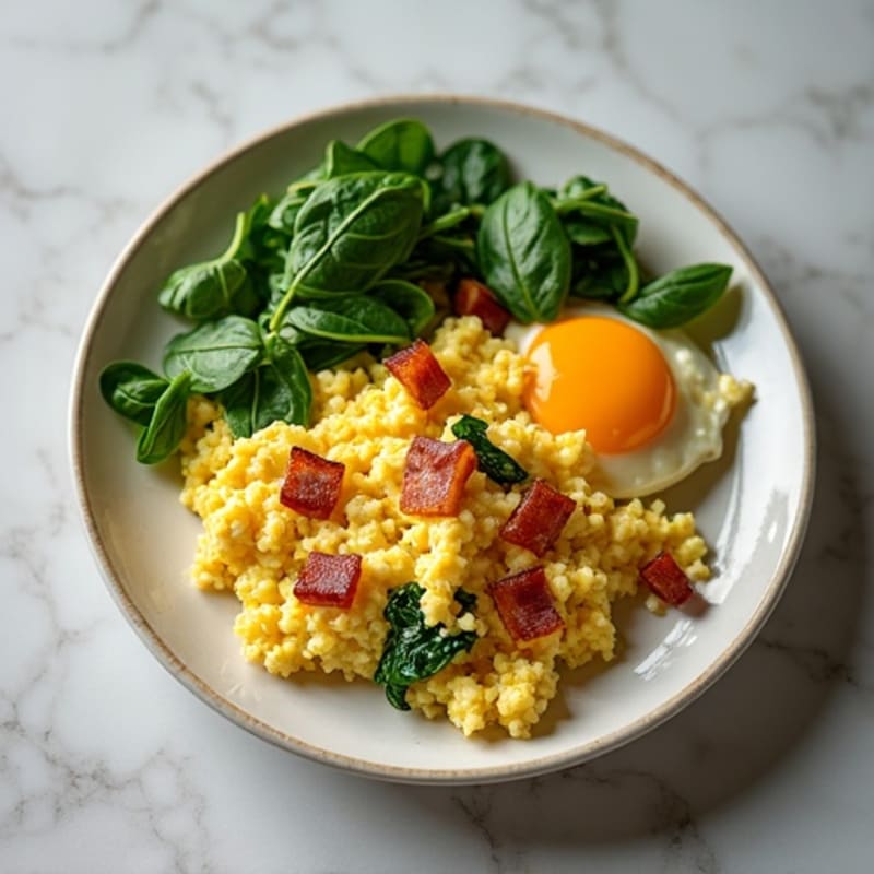 Cottage Cheese Egg Scramble with Spinach and Turkey Bacon