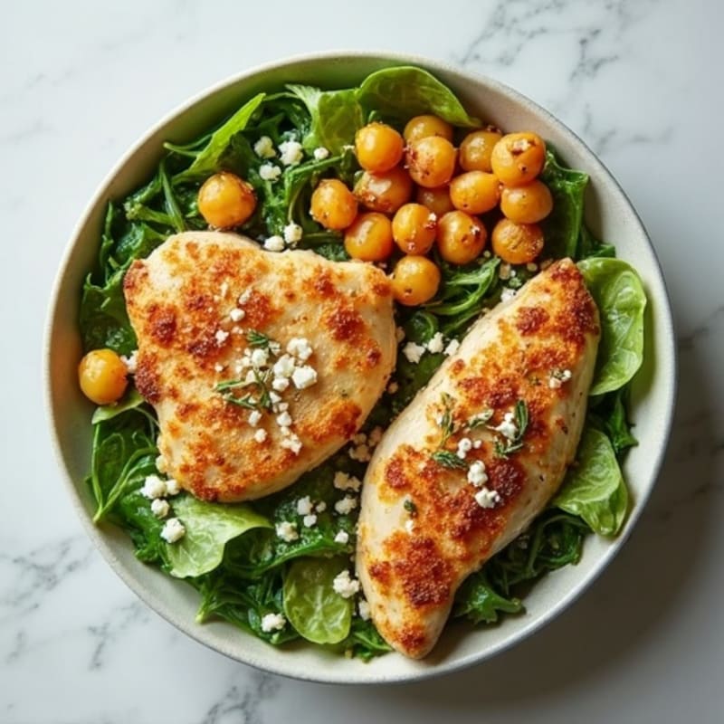 Herb-Roasted Chicken and Crispy Chickpea Bowl with Fresh Greens and Lemon-Feta Dressing