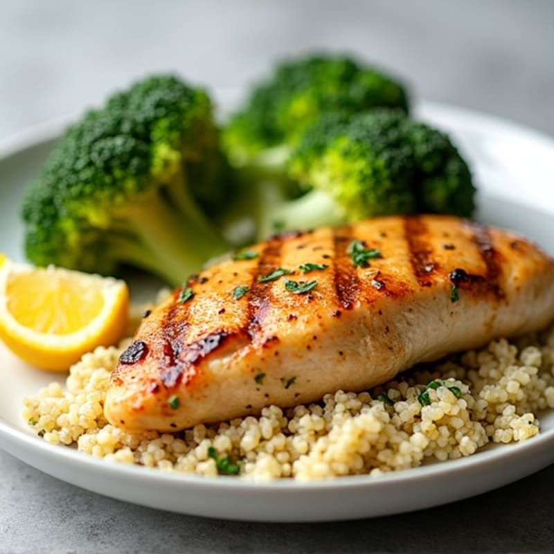 Grilled Lemon Garlic Chicken Breast with Quinoa and Roasted Broccoli