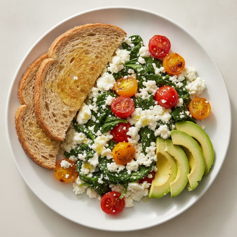 Cottage Cheese Egg White Scramble with Spinach and Tomatoes