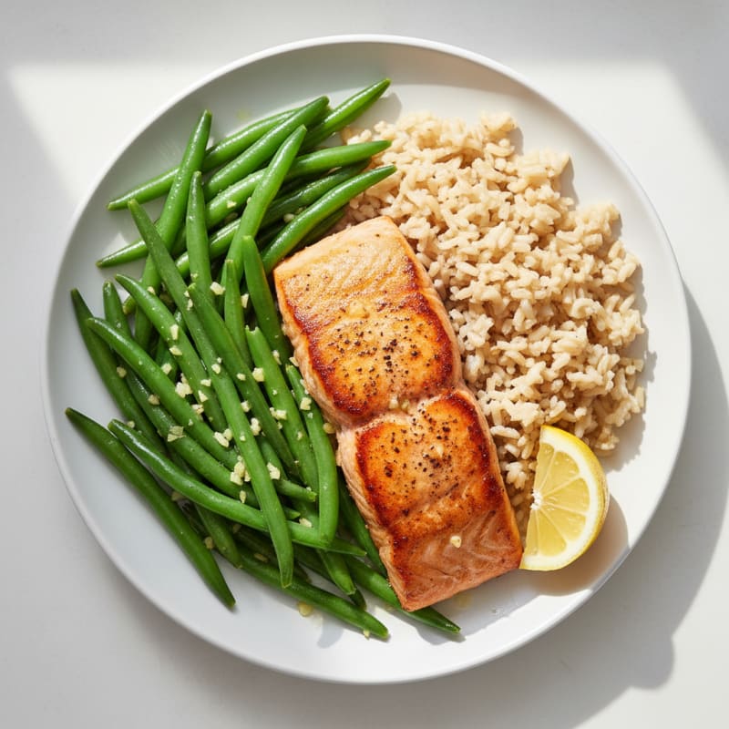 Seared Salmon with Garlic Green Beans and Brown Rice