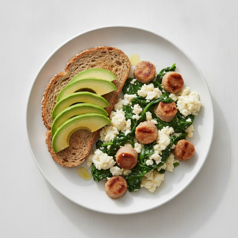 Egg White and Turkey Sausage Scramble with Sautéed Spinach