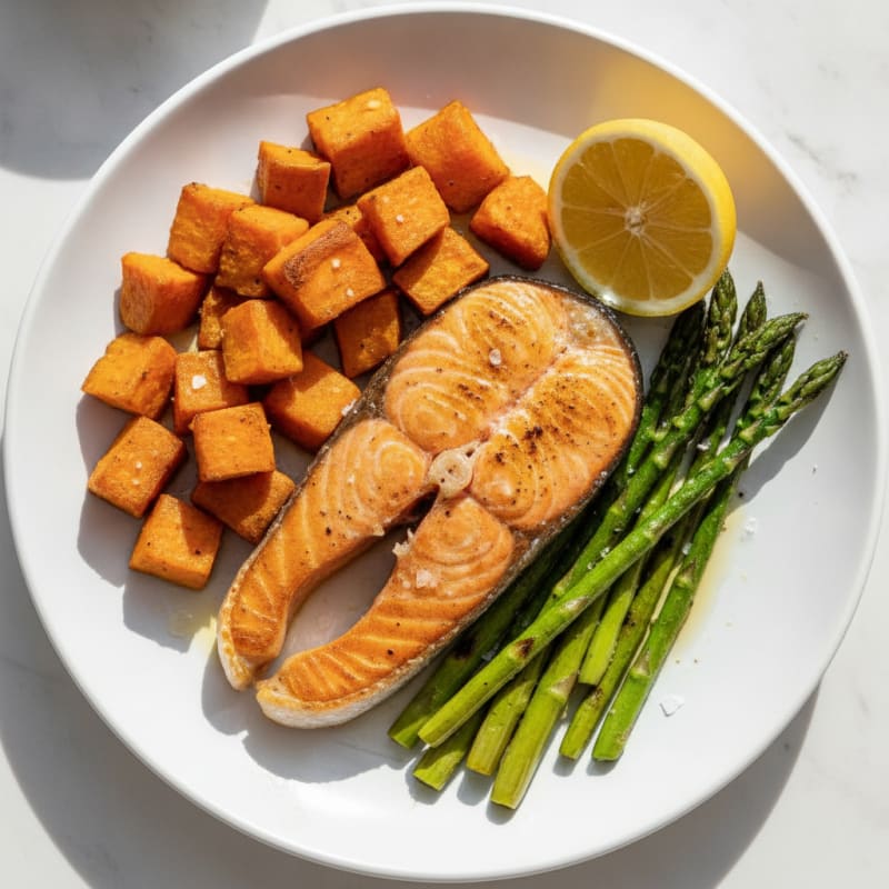 Seared Salmon Fillet with Roasted Sweet Potato and Asparagus