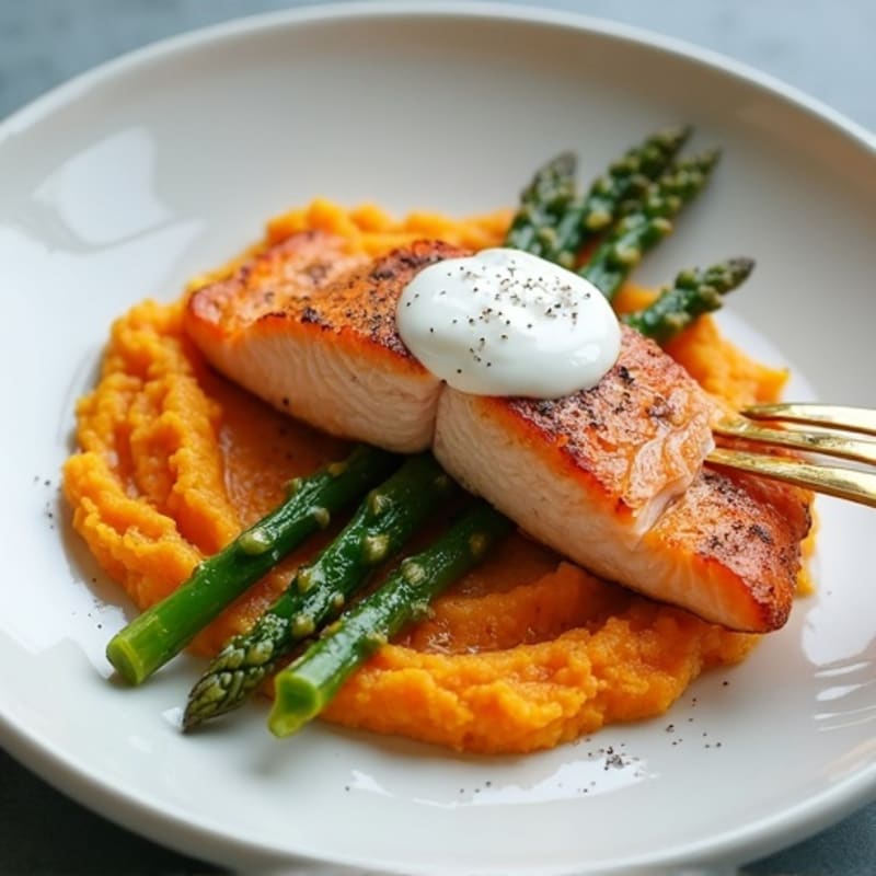 Seared Salmon with Roasted Asparagus and Sweet Potato Mash