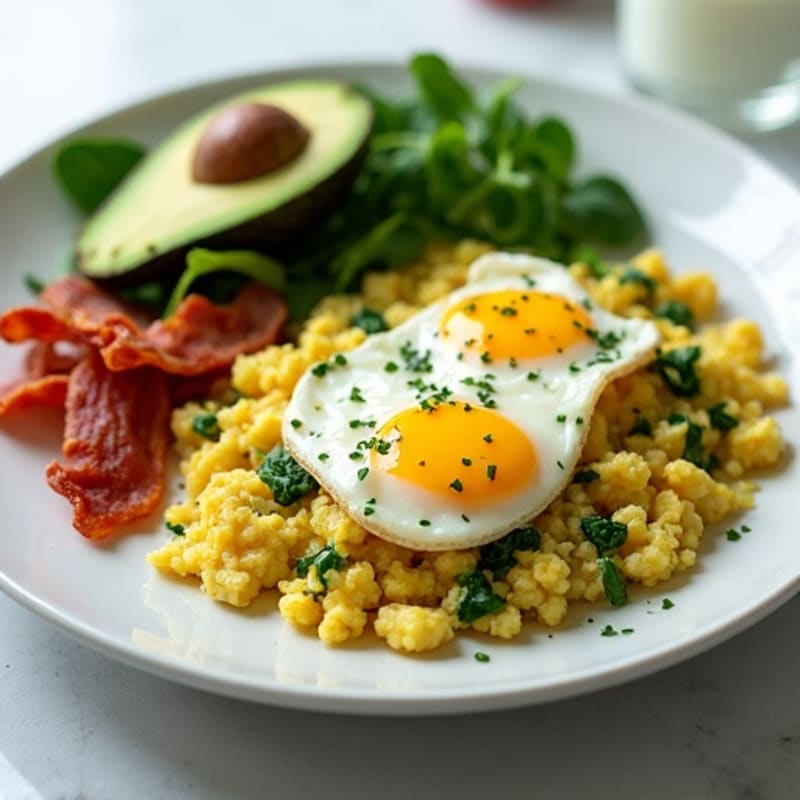 Egg White and Spinach Scramble with Cottage Cheese and Turkey Bacon