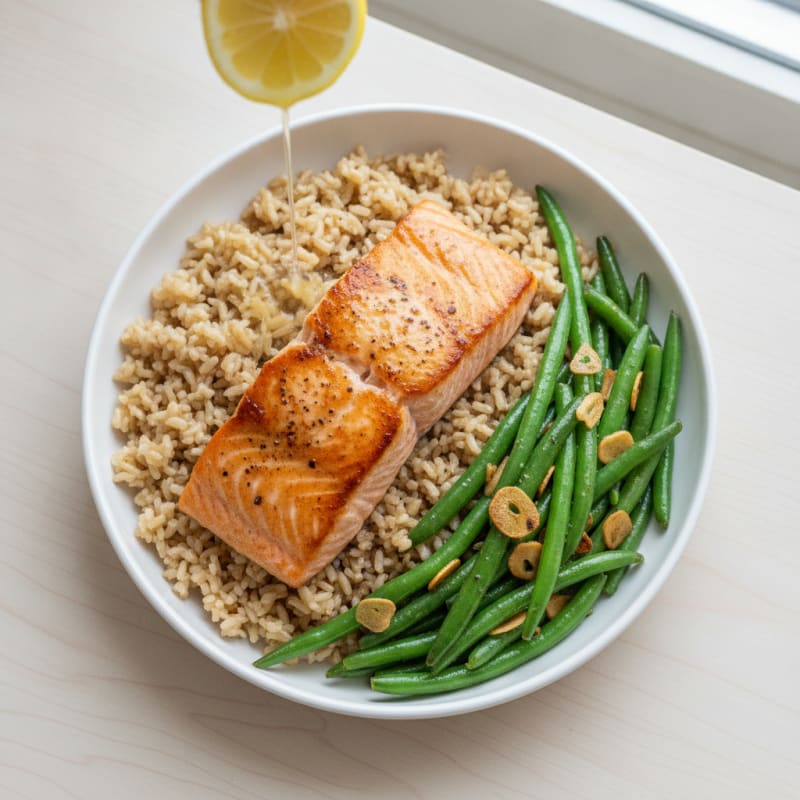 Seared Salmon with Garlic Green Beans and Brown Rice