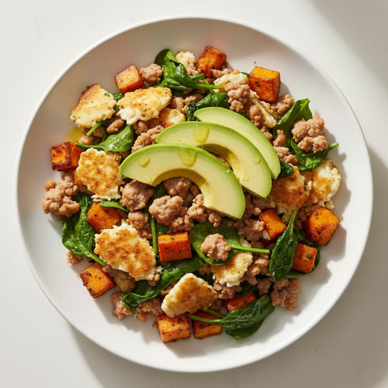 Crispy Egg White and Turkey Sausage Scramble with Spinach