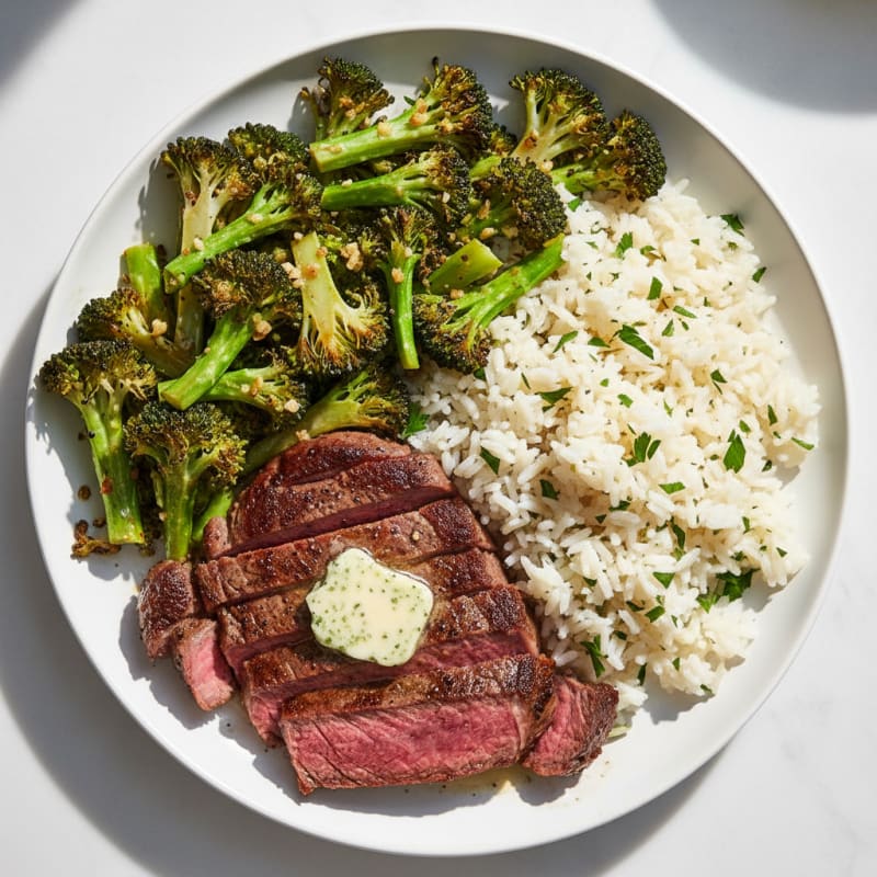 Pan-Seared Steak with Garlic Roasted Broccoli and Herbed Rice