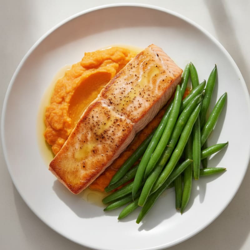 Seared Salmon with Steamed Green Beans and Sweet Potato Mash