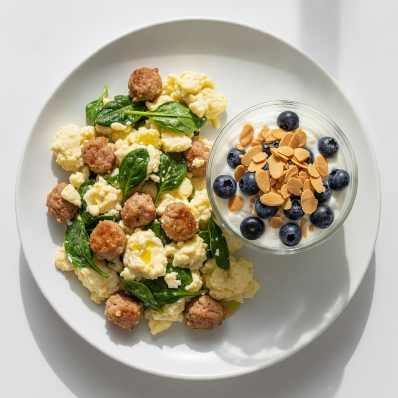 Egg White Scramble with Turkey Sausage and Greek Yogurt Parfait