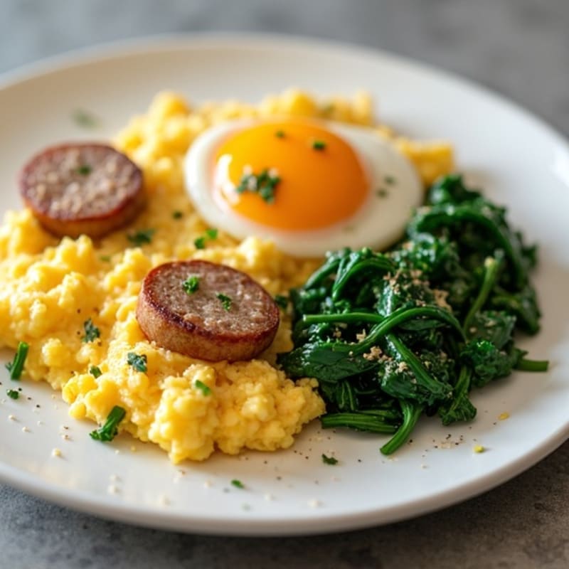 Creamy Scrambled Eggs with Chicken Sausage and Sautéed Spinach
