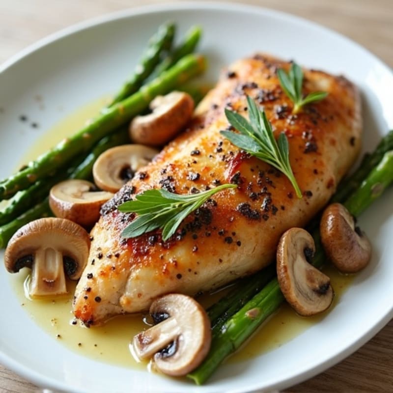 Roasted Chicken with Garlic Butter Mushrooms and Tender Asparagus