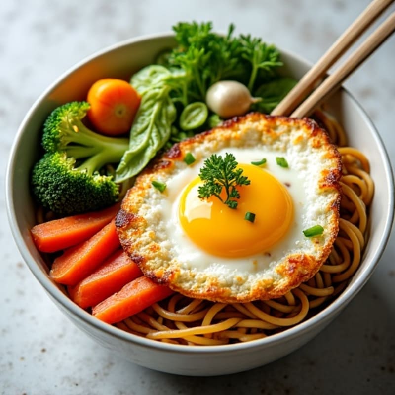 Crispy Fried Egg with Garlic-Soy Ramen and Crunchy Vegetables