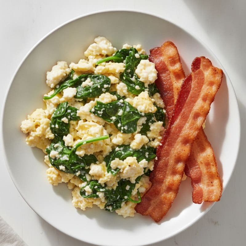 Cottage Cheese Egg Scramble with Spinach and Turkey Bacon