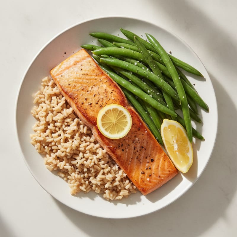 Seared Salmon Fillet with Steamed Green Beans and Brown Rice