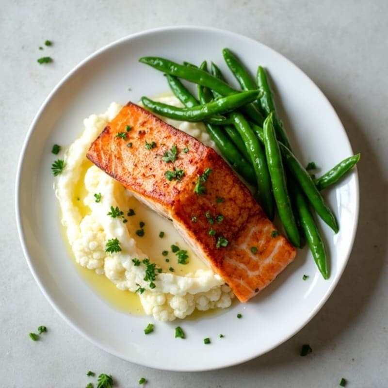 Seared Salmon Fillet with Garlic Green Beans and Cauliflower Mash