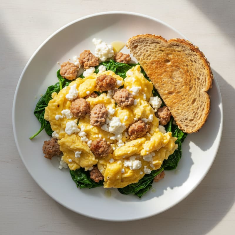 Cottage Cheese Scramble with Turkey Sausage and Sautéed Spinach