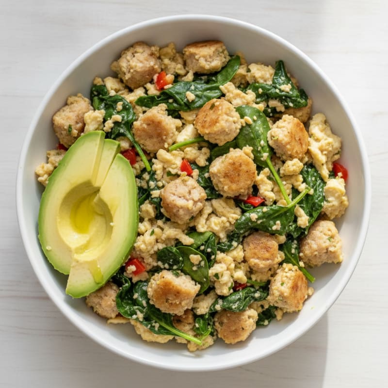 Egg White and Chicken Sausage Scramble with Spinach