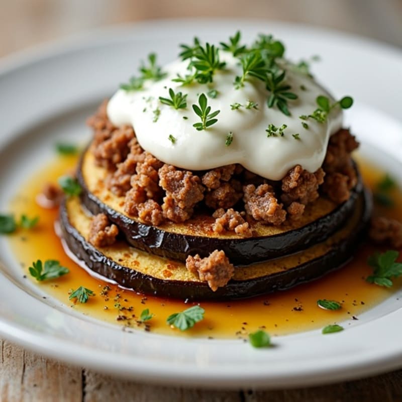 Baked Herb-Seasoned Lamb and Eggplant Layers with Creamy Topping