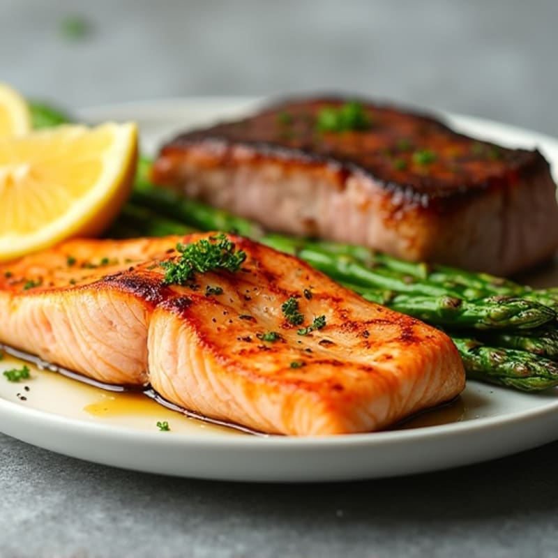Lemon-Garlic Pan-Seared Salmon and Steak with Roasted Asparagus