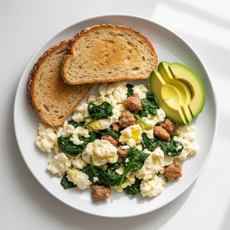 Egg White Scramble with Turkey Sausage and Sautéed Spinach