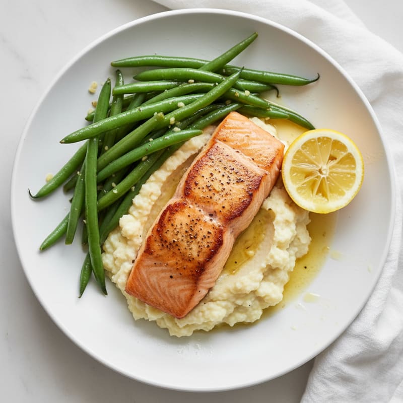 Seared Salmon Fillet with Garlic Green Beans and Cauliflower Mash