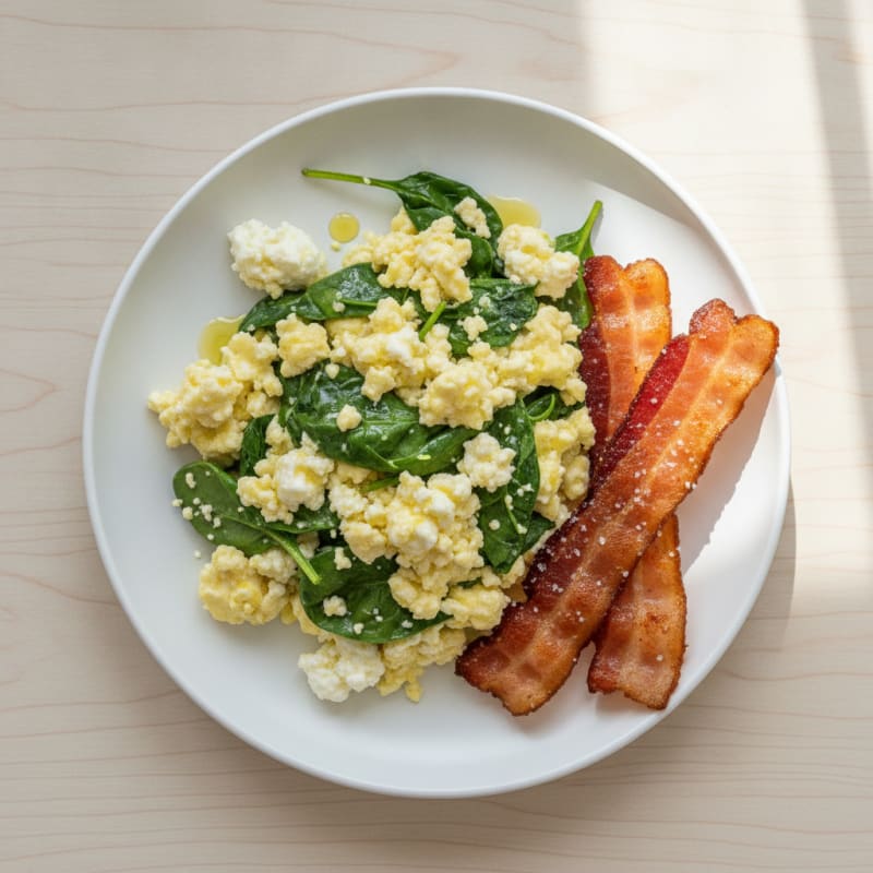 Cottage Cheese Scramble with Spinach and Turkey Bacon