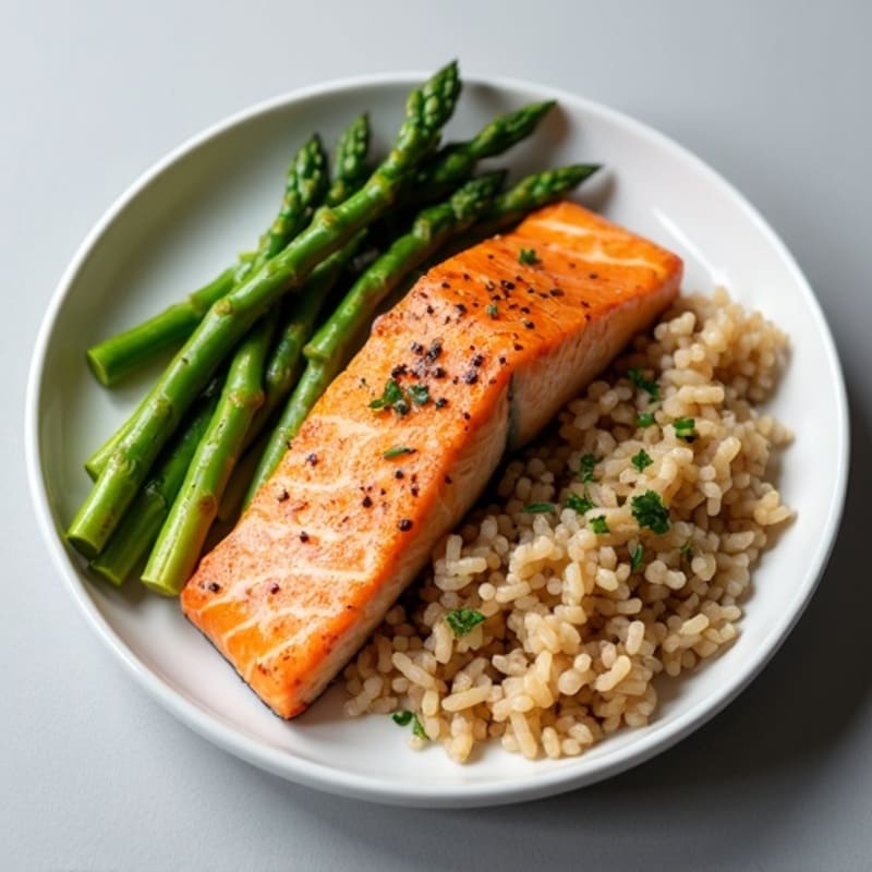 Seared Salmon with Steamed Asparagus and Brown Rice