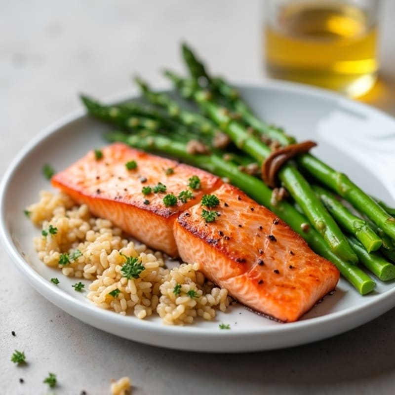 Seared Salmon with Steamed Asparagus and Brown Rice