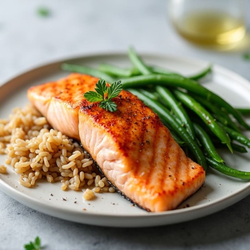 Seared Salmon Fillet with Garlic Green Beans and Brown Rice