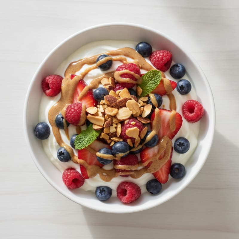 Greek Yogurt Protein Parfait with Mixed Berries and Almond Butter