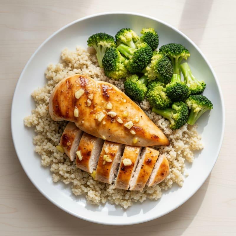 Grilled Lemon Garlic Chicken Breast with Quinoa and Steamed Broccoli
