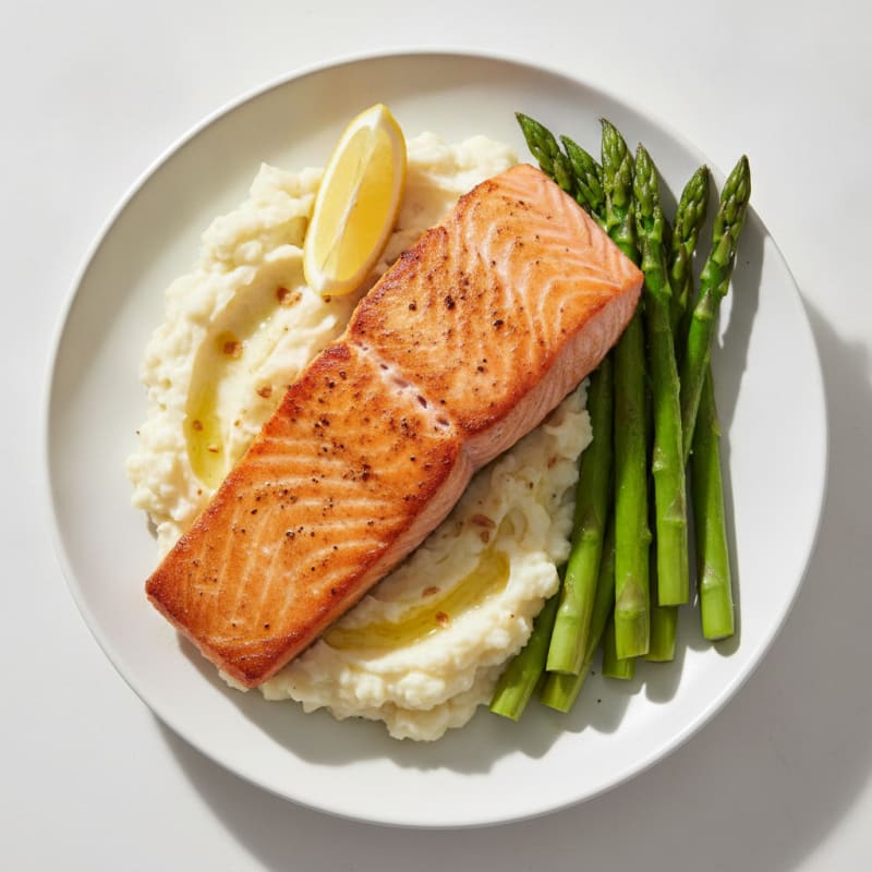 Seared Salmon with Steamed Asparagus and Garlic Mashed Cauliflower