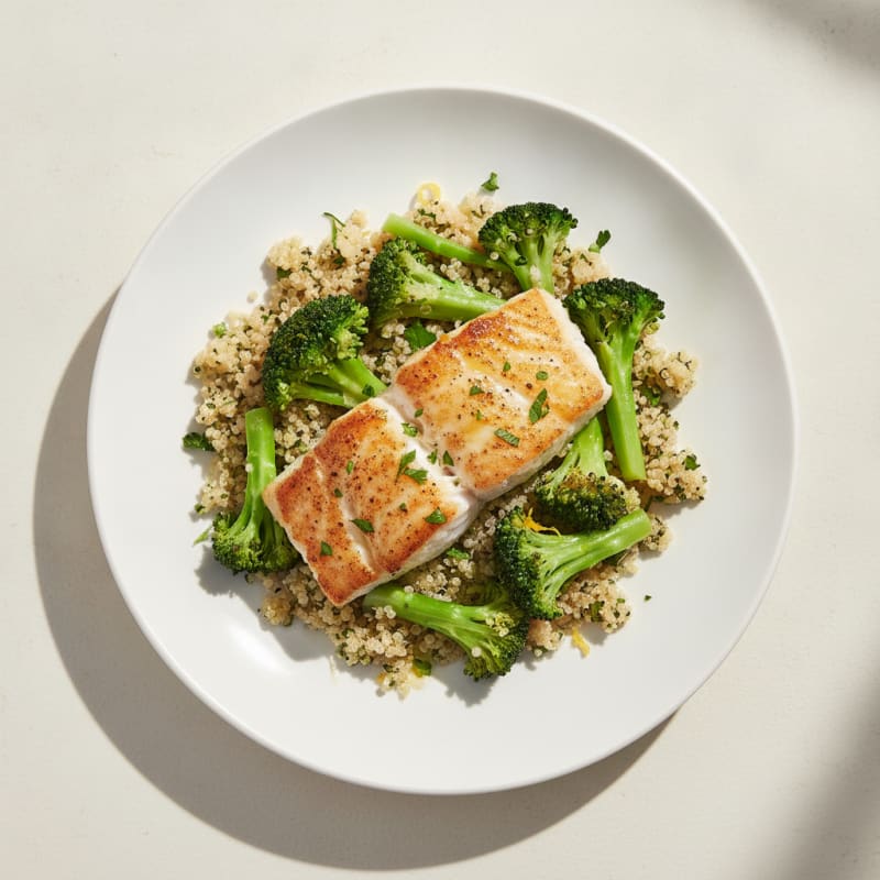 Seared Cod with Steamed Broccoli and Lemon-Herb Quinoa