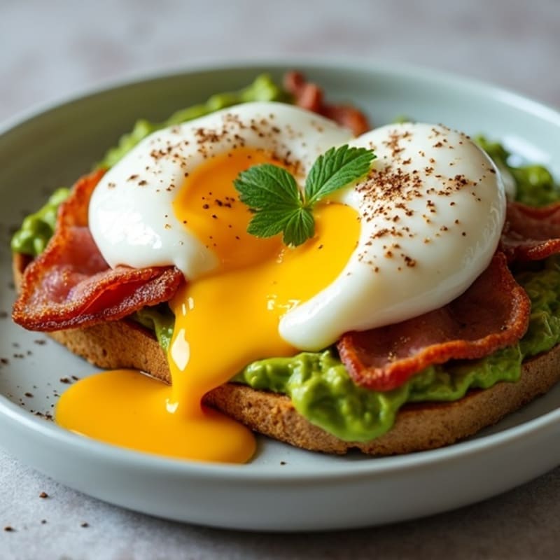 Poached Eggs with Crispy Turkey Bacon, Sweet Potato Toast, and Creamy Avocado Sauce
