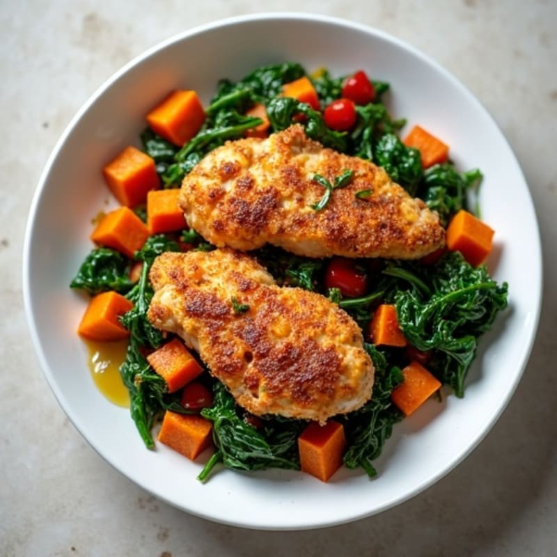 Crispy Sweet Potato and Chicken Hash with Sautéed Spinach