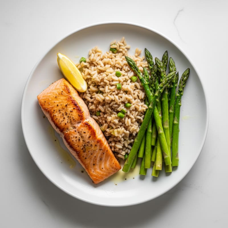 Seared Salmon with Steamed Asparagus and Brown Rice
