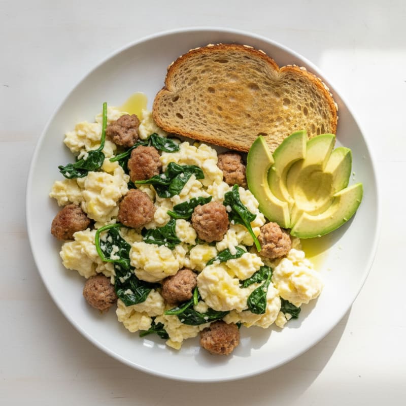 Egg White Scramble with Turkey Sausage and Sautéed Spinach