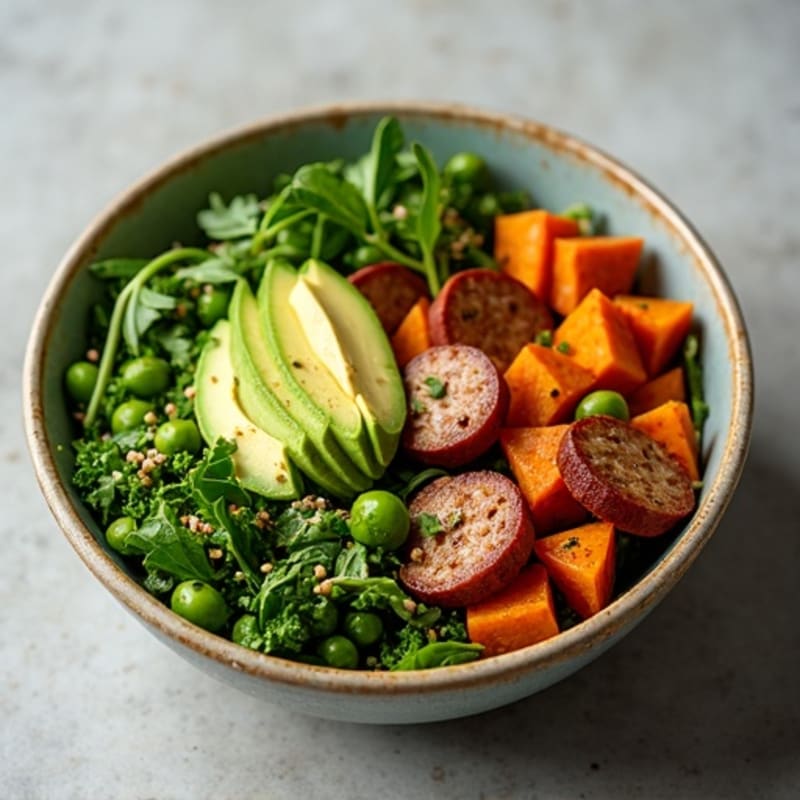 Turkey Sausage and Roasted Sweet Potato Bowl with Arugula, Edamame, and Creamy Avocado