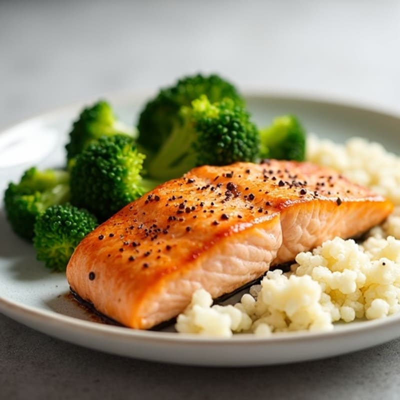 Seared Salmon with Steamed Broccoli and Cauliflower Rice